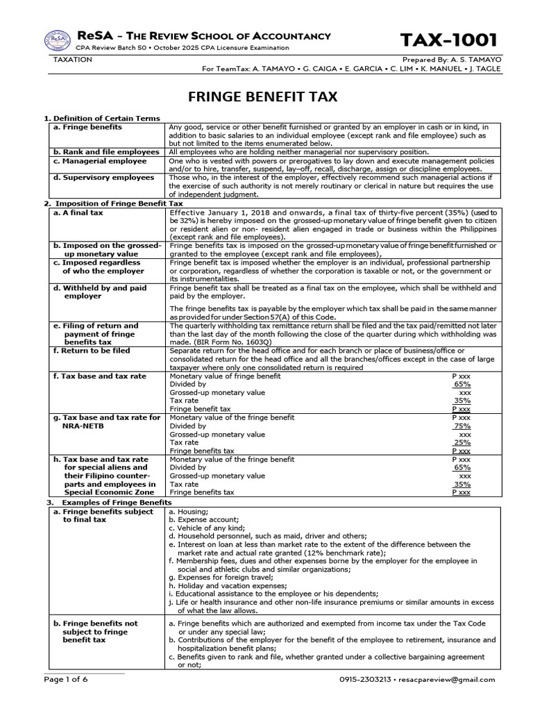 TAX-1001 (Fringe Benefit Tax) | PDF | Employee Benefits | Taxes