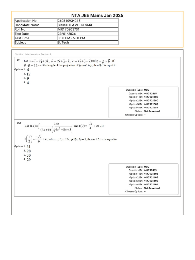 Srushti Jee Mains Answer Sheet | PDF | Multiple Choice | Standardized Tests