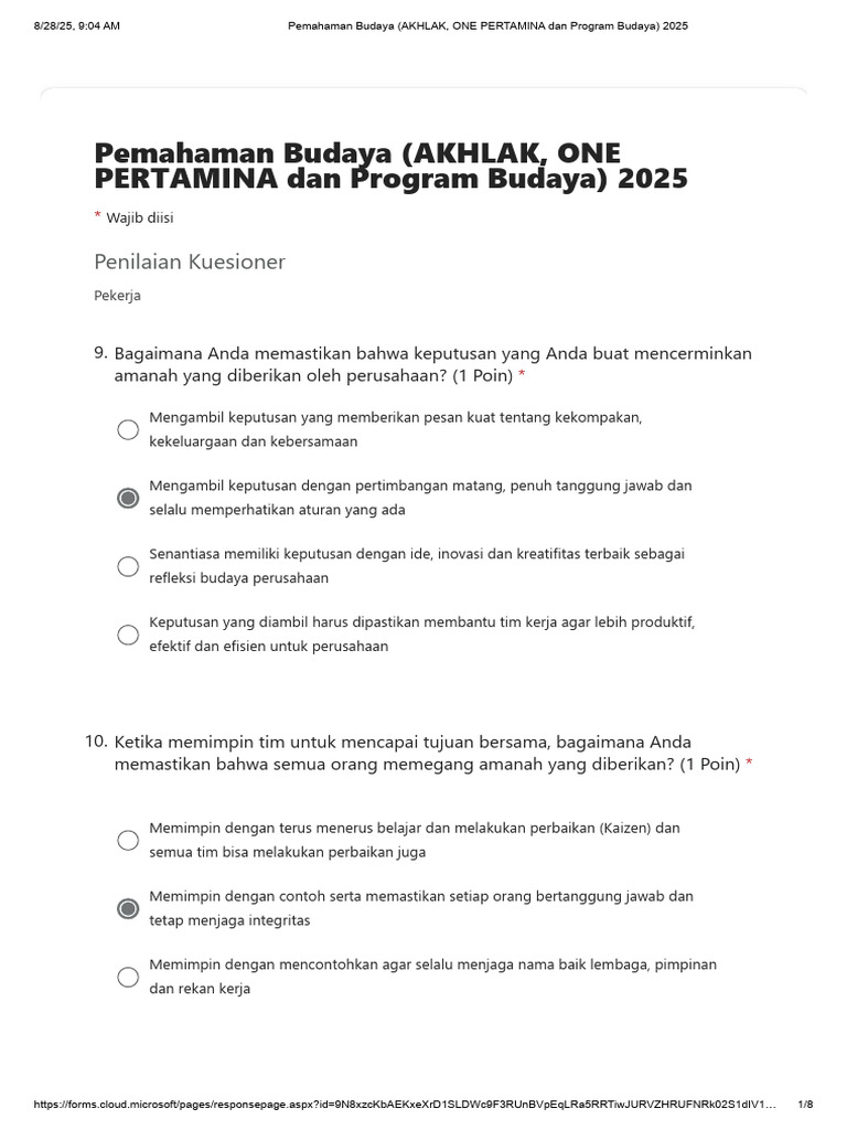 Pemahaman Budaya (AKHLAK, ONE PERTAMINA Dan Program Budaya) 2025 | PDF