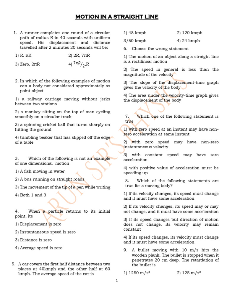 Motion in A Straight Line Objective Questions | PDF | Acceleration ...