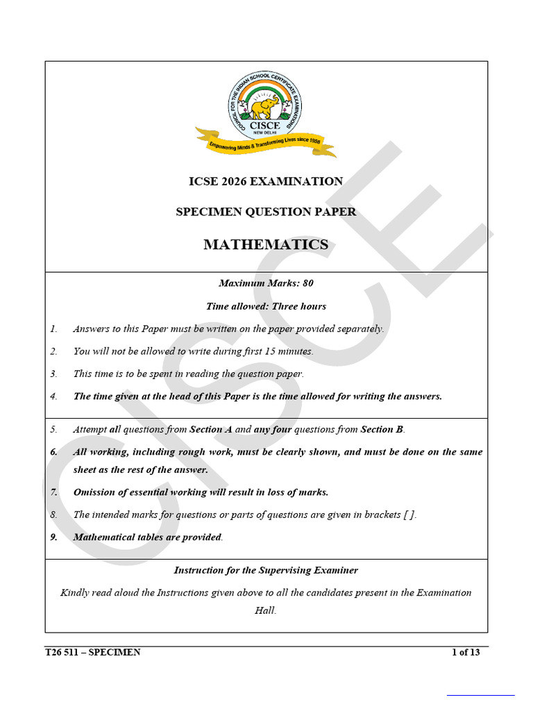 Maths 2026 Specimen Paper | PDF | Circle | Sphere