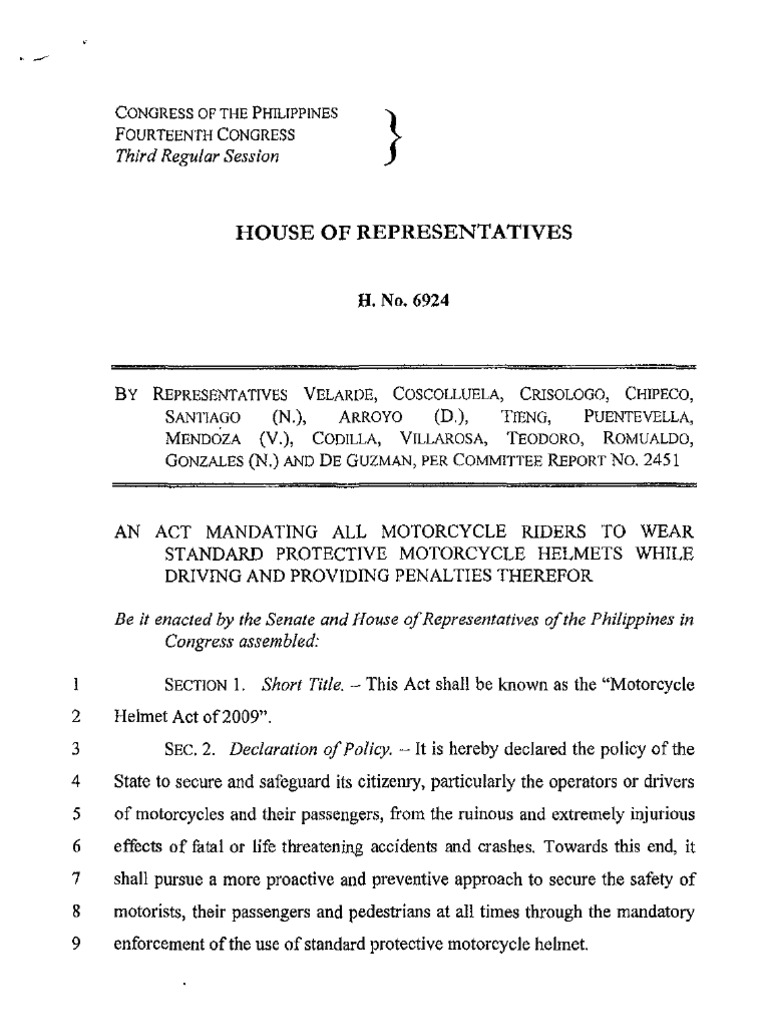 Helmet Law Housebill 6924 PDF Motorcycle United States Congress