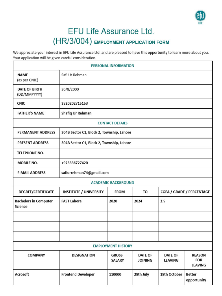 Employment Application Form | PDF | Justice | Crime & Violence