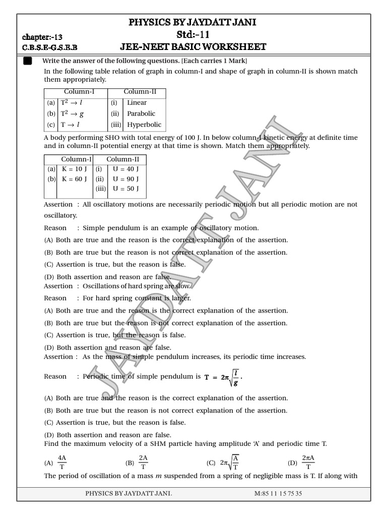 Jee Neetbasicworksheet d03 Feb 2026 | PDF | Oscillation | Mechanics