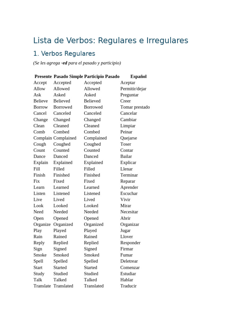 Lista de Verbos Regulares e Irregulares | PDF