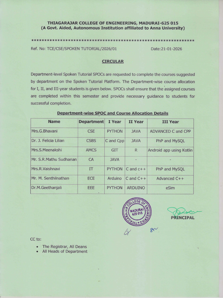 Circular - Department Wise SPOC and Course Allocation Details | PDF