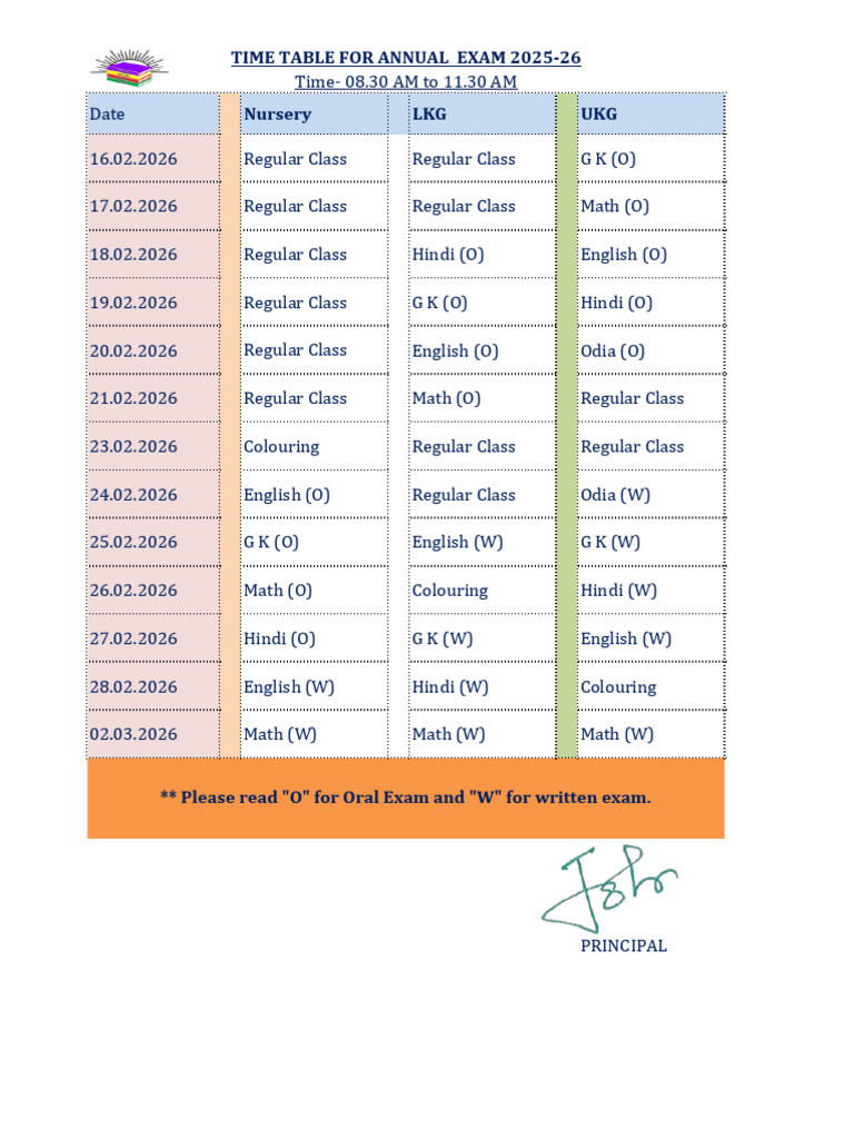 EXAM Time Table Pre Primary | PDF