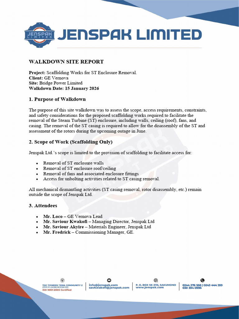 Walkdown Site Report for the Scaffolding Work at Bridge Power | PDF ...