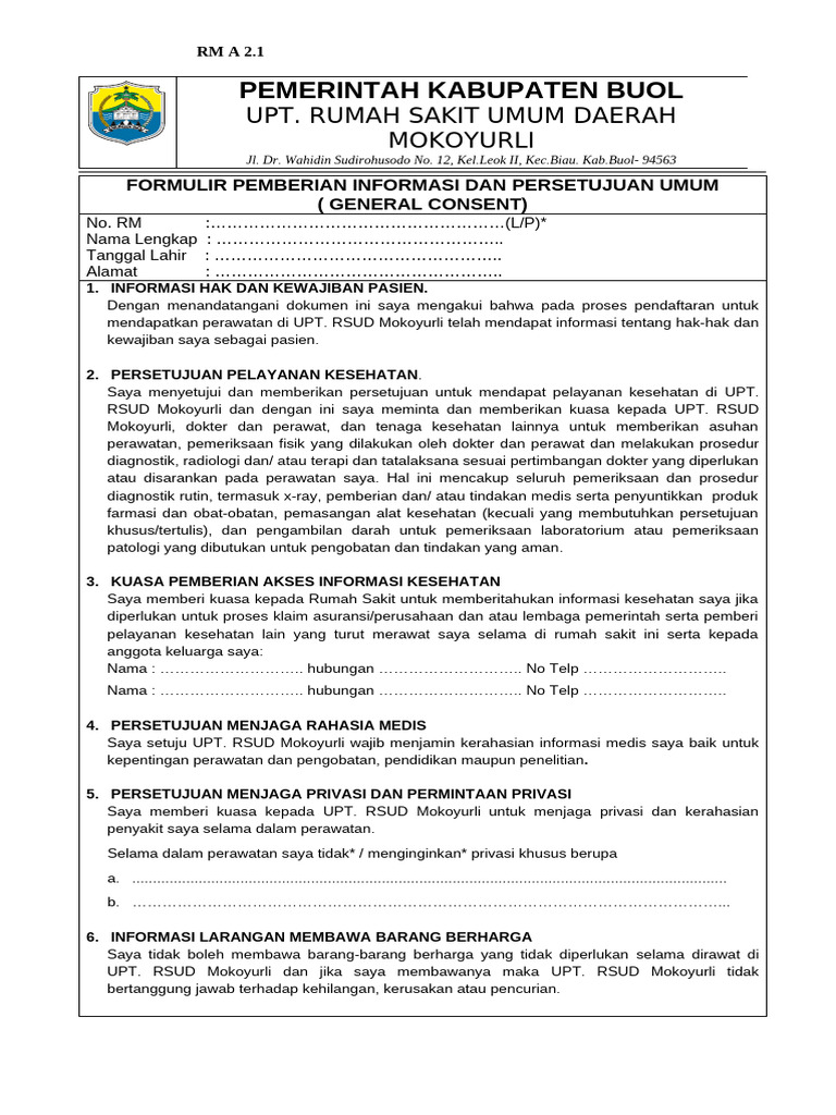 RM A.2.1 Form General Consent Rawat Inap (Cetak Bolak Balik) | PDF