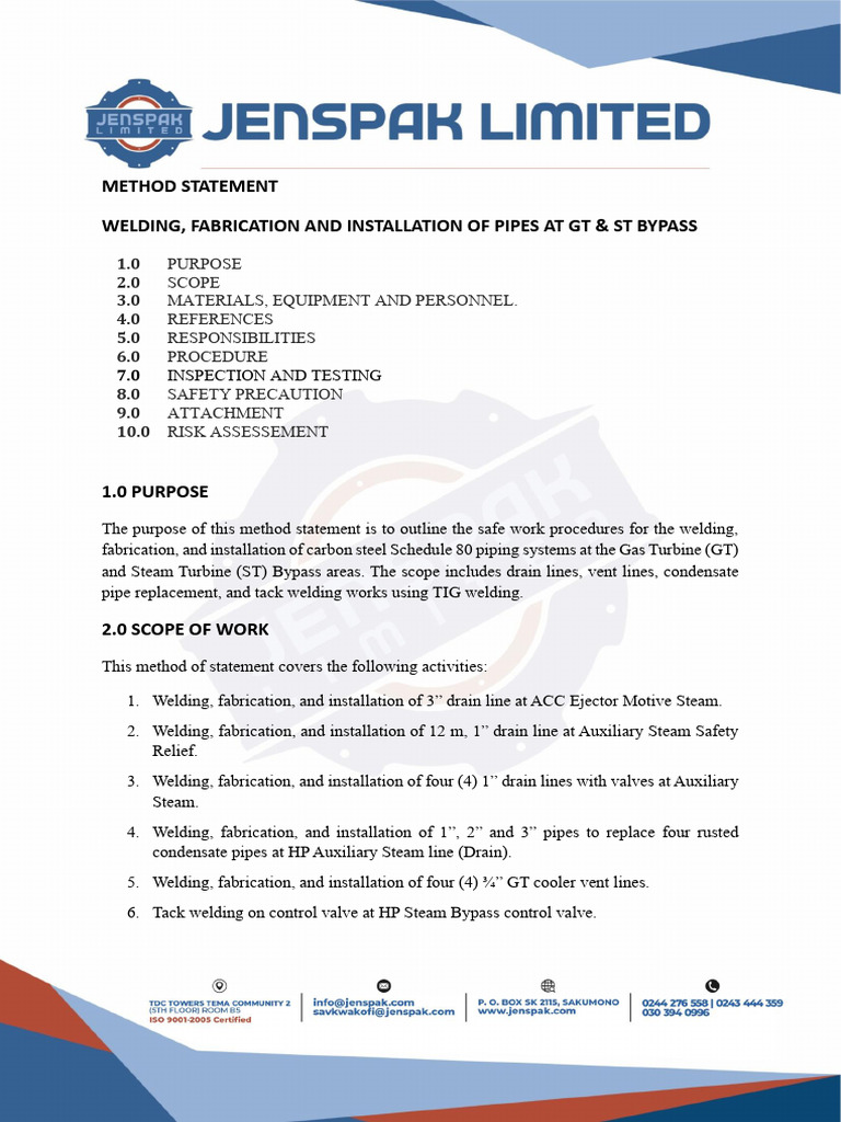Method Statement | PDF | Pipe (Fluid Conveyance) | Welding