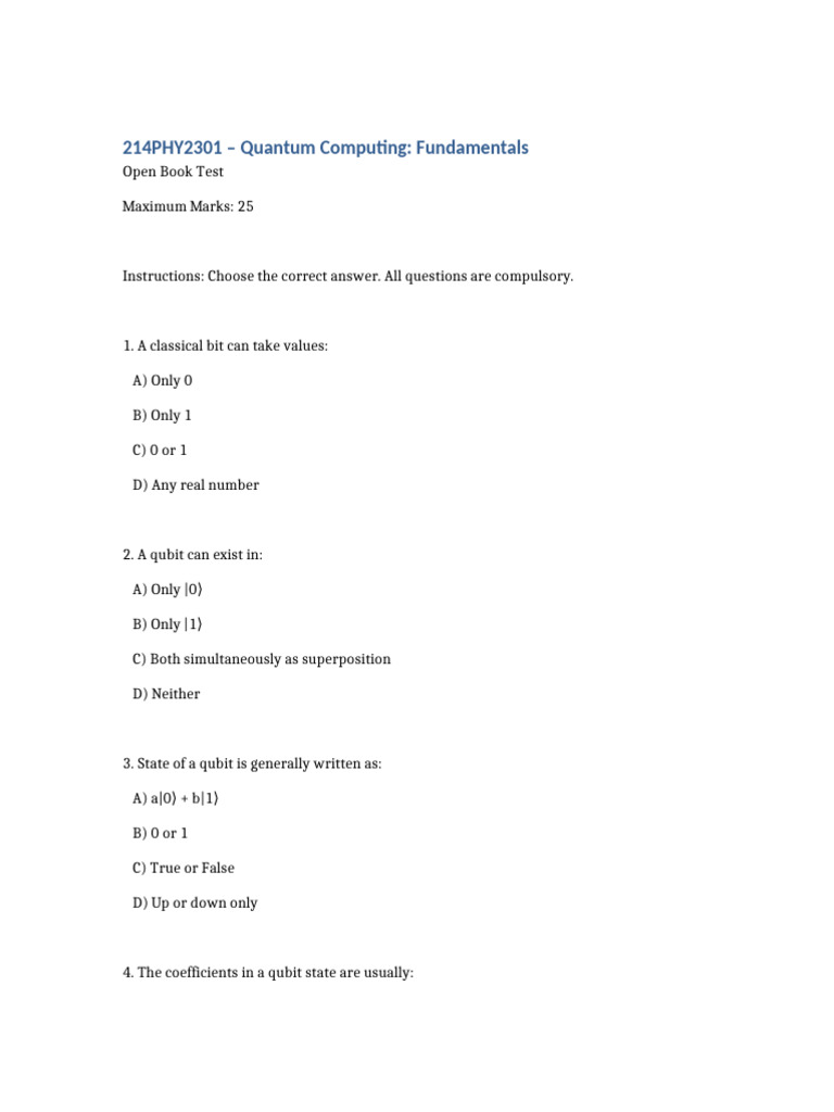 Quantum MCQ Question Paper | PDF | Mathematics | Applied Mathematics