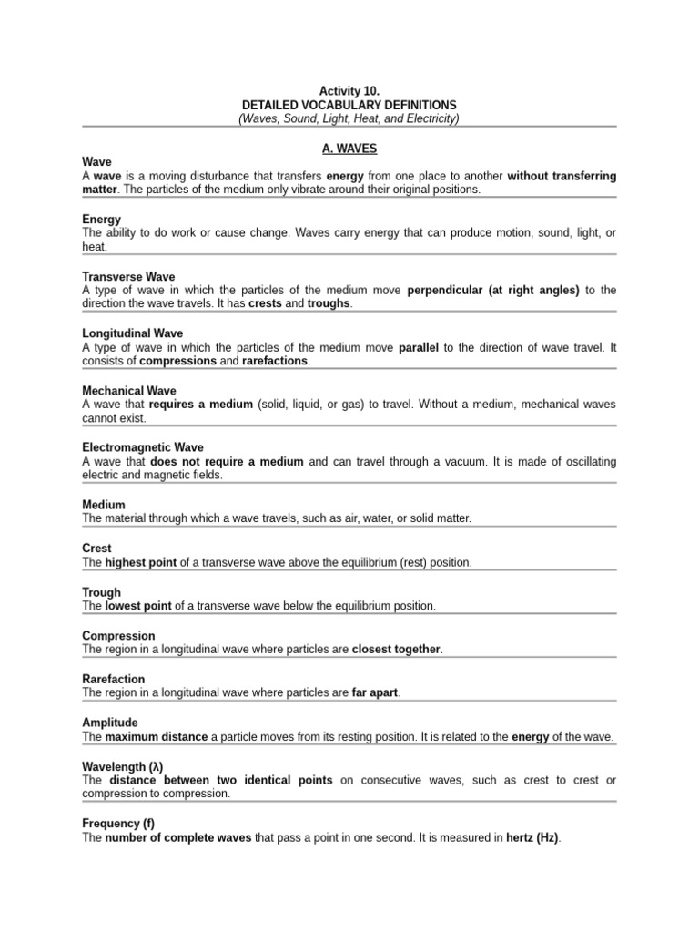 VOCABULARY-WAVE-LIGHT-SOUND-HEAT-AND-ELECTRICITY | PDF | Waves | Sound