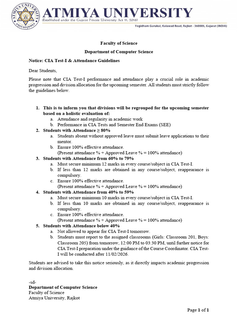 Updated CIA Test-I & Attendance Guidelines | PDF