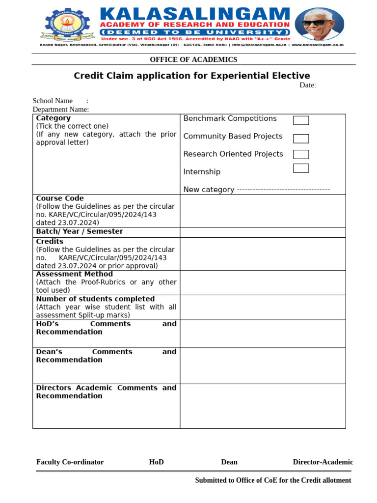 Experinetial Elective Credit Claim Application | PDF