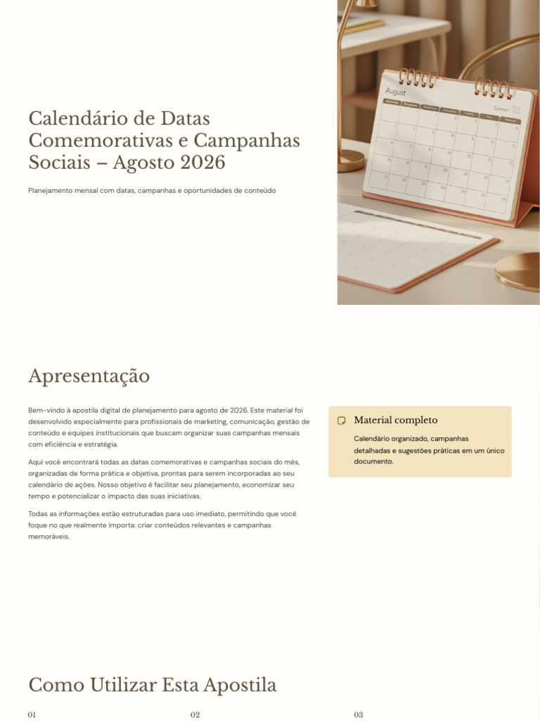 Calendario de Datas Comemorativas e Campanhas Sociais Agosto 2026 | PDF ...