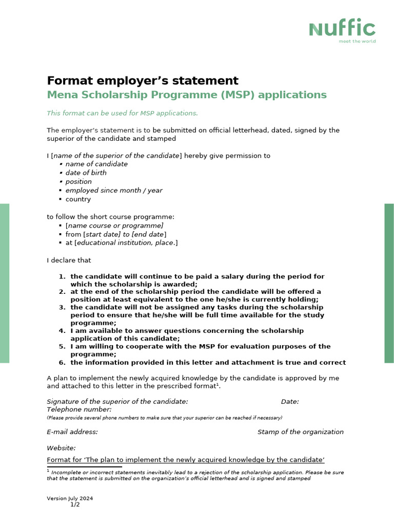 Format Employers Statement MSP Programme | PDF