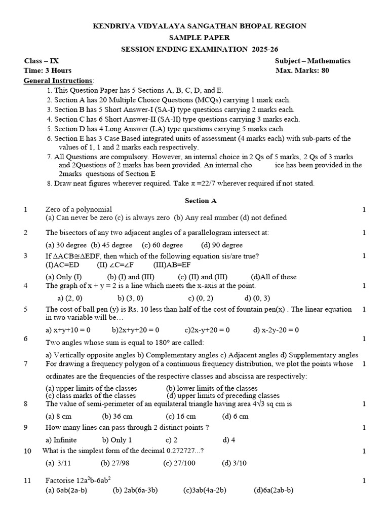 Sample Paper See Ix Maths 2025-26 | PDF | Area | Triangle