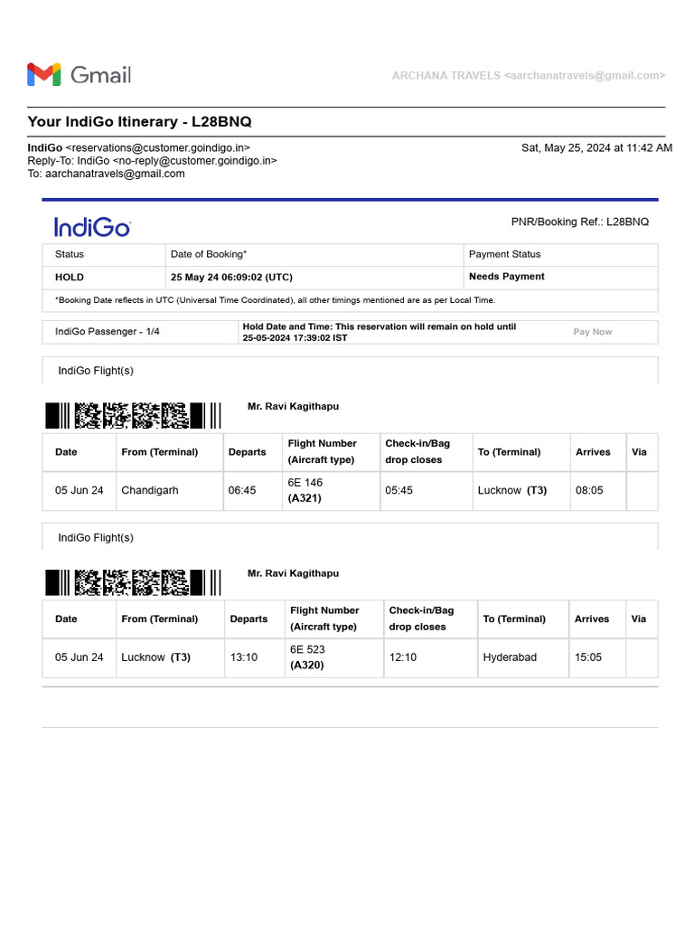 Your IndiGo Itinerary - L28BNQ | PDF | Airport | Aviation