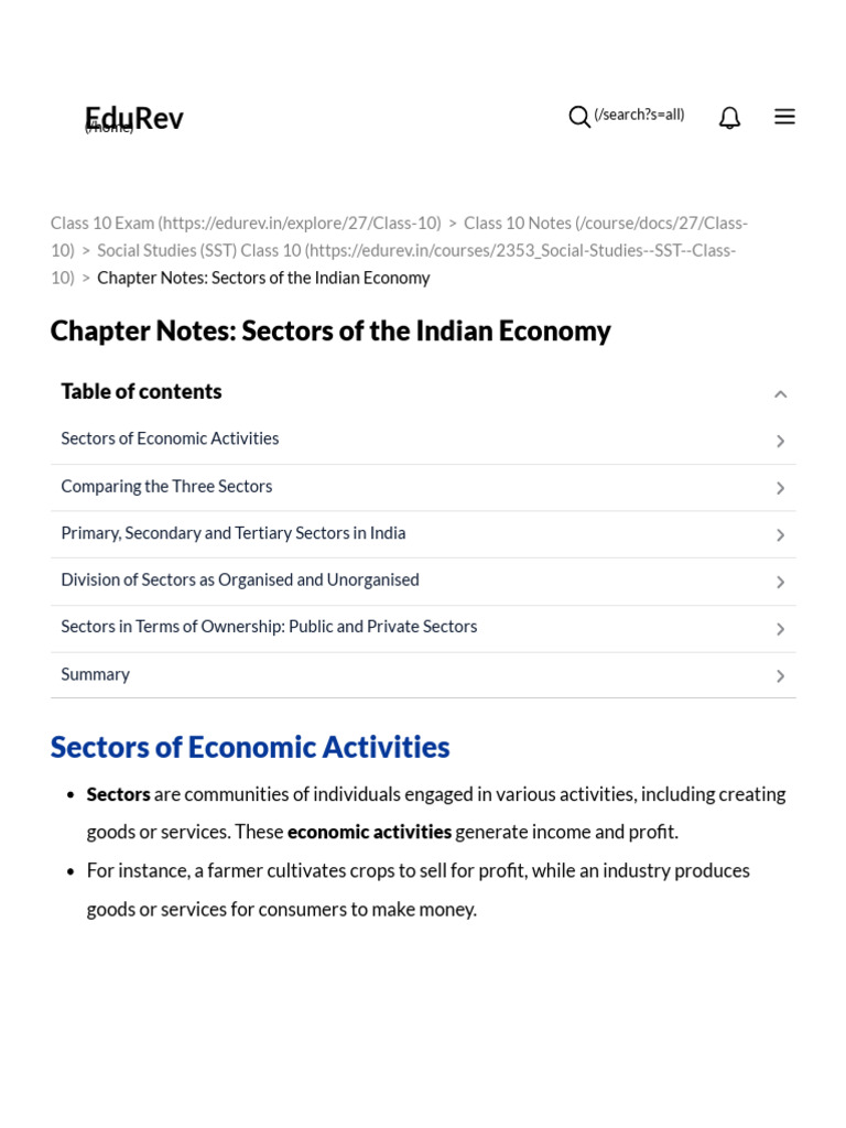 Class 10 Economics Chapter 2 Notes - Sectors of The Indian Economy Free ...