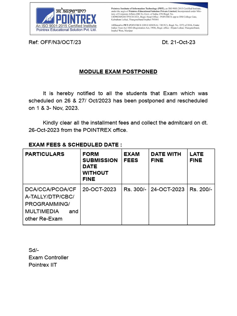 Exam Notice Postponed - 1&2 Nov 2023 | PDF
