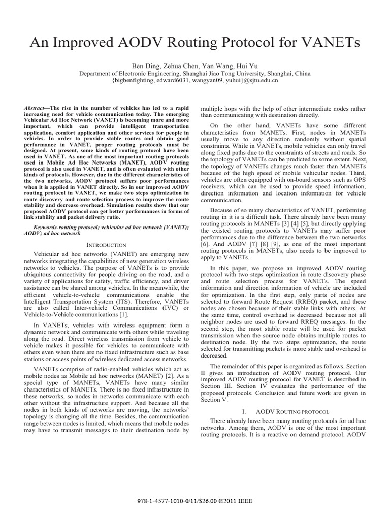 An Improved AODV Routing Protocol For VANETs | PDF | Wireless Ad Hoc ...