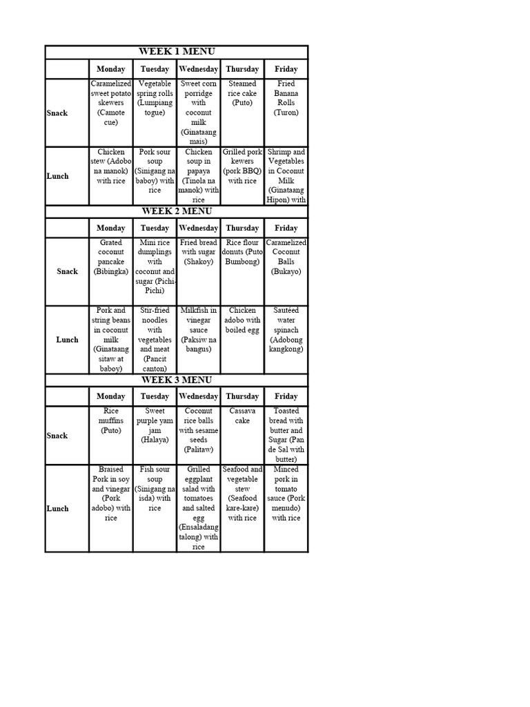 3 Weeks Menu | PDF | Foods | Cuisine