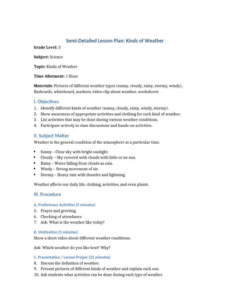 Semi Detailed Lesson Plan Kinds of Weather | PDF