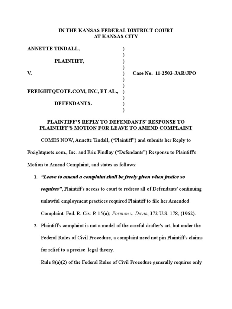 Plaintiff's Reply To Defendants Response To Plaintiff's Motion For ...