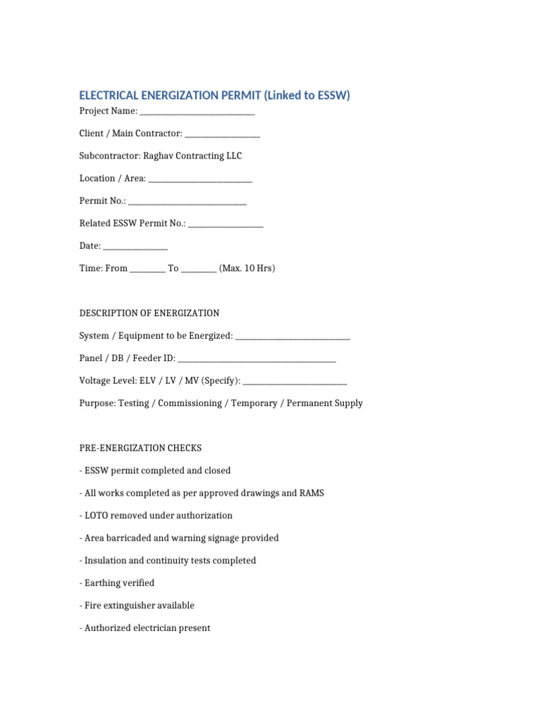 Electrical Energization Permit ESSW | PDF