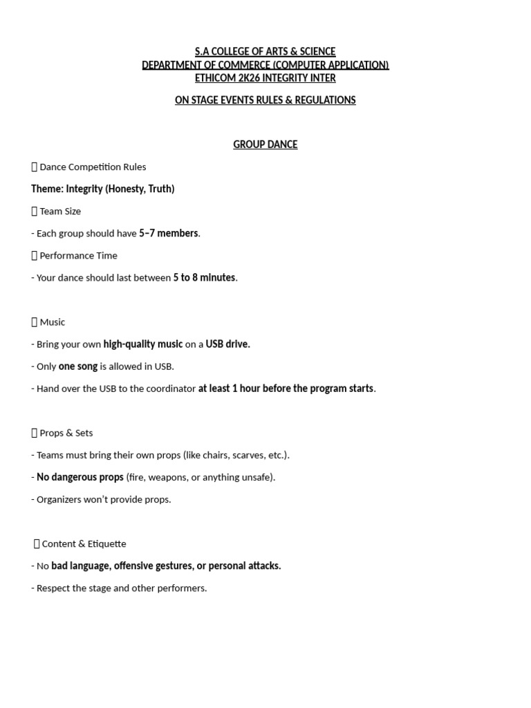 On Stage Events Rules & Regulations (1) | PDF | Dances | Integrity