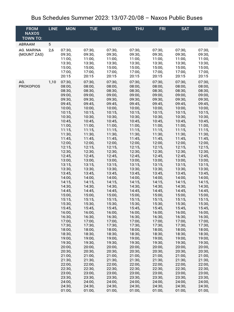 Bus Schedules Summer 2023 1307-2008 - Naxos Public Buses | PDF | Bus ...