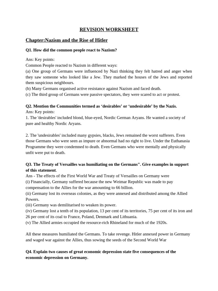 Revision Worksheet CH Hitler | PDF | Nazi Germany | Adolf Hitler