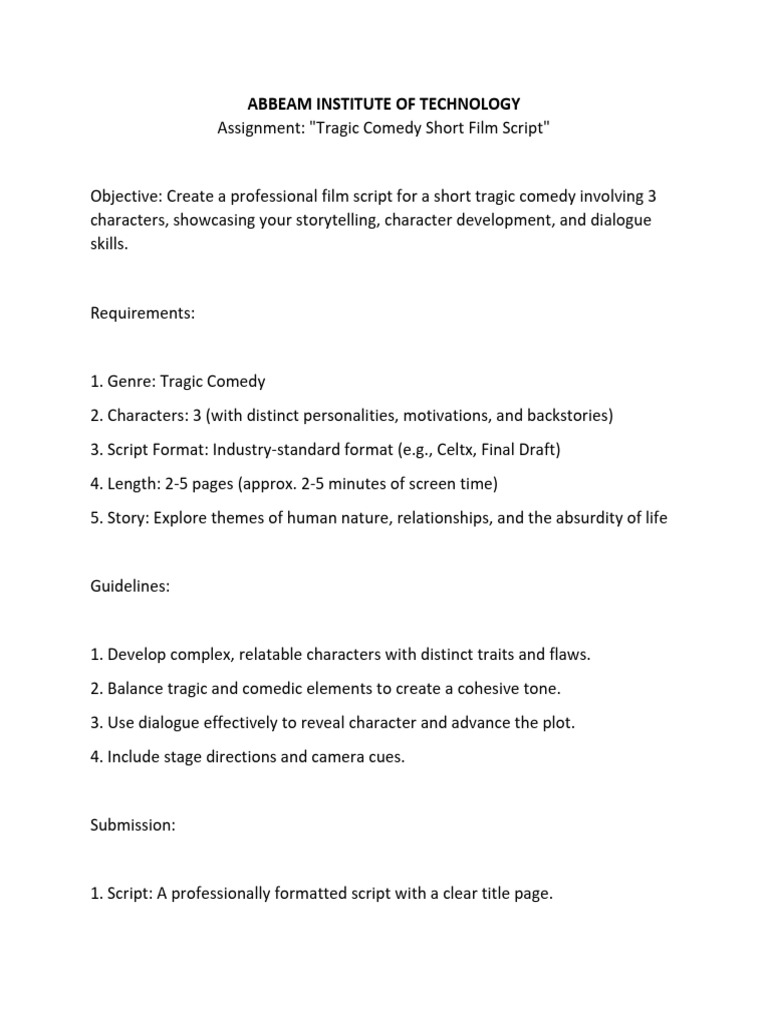 Assignment Tragic Comedy Short Film Script | PDF