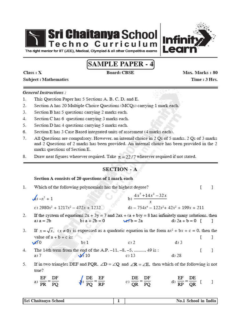 Sample Paper - 4 (For High Achievers) | PDF | Elementary Mathematics ...