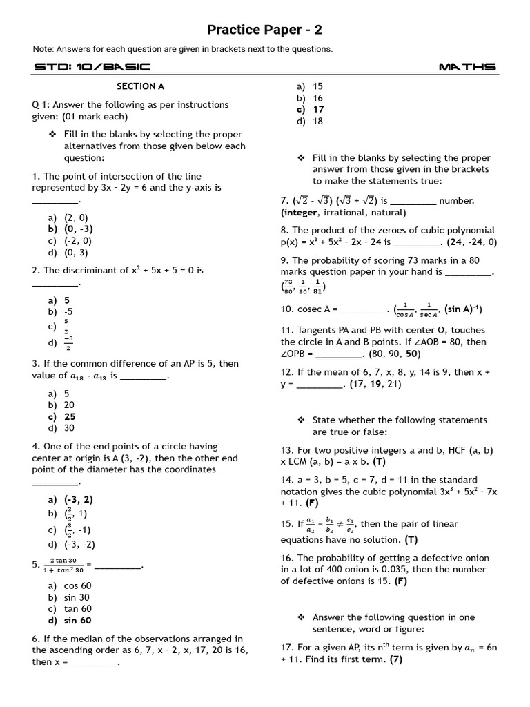 Basic - Maths Practice Paper - 2 | PDF | Area | Quadratic Equation
