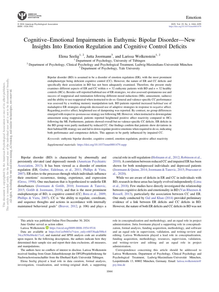 Cognitive Emotional Impairments in Euthymic Bipolar Disorder New ...
