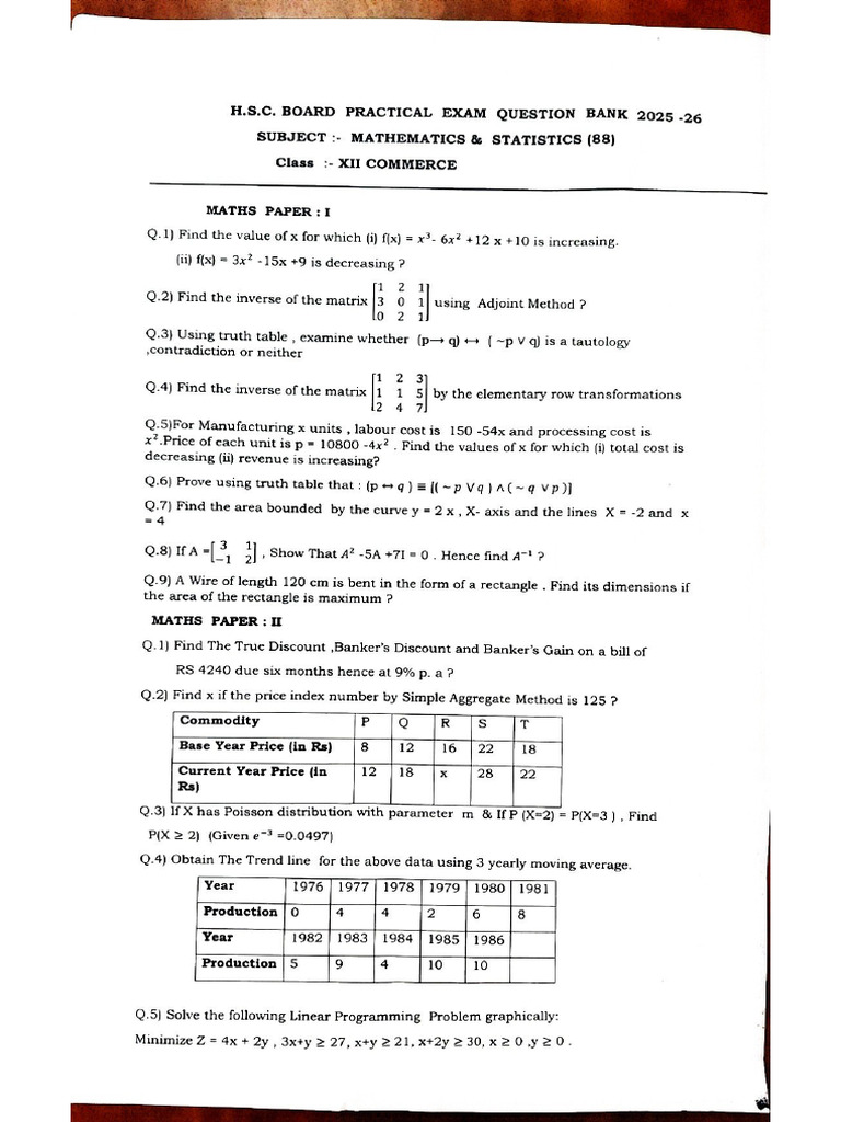 HSC Board Maths Practical Question Bank2025-26 | PDF