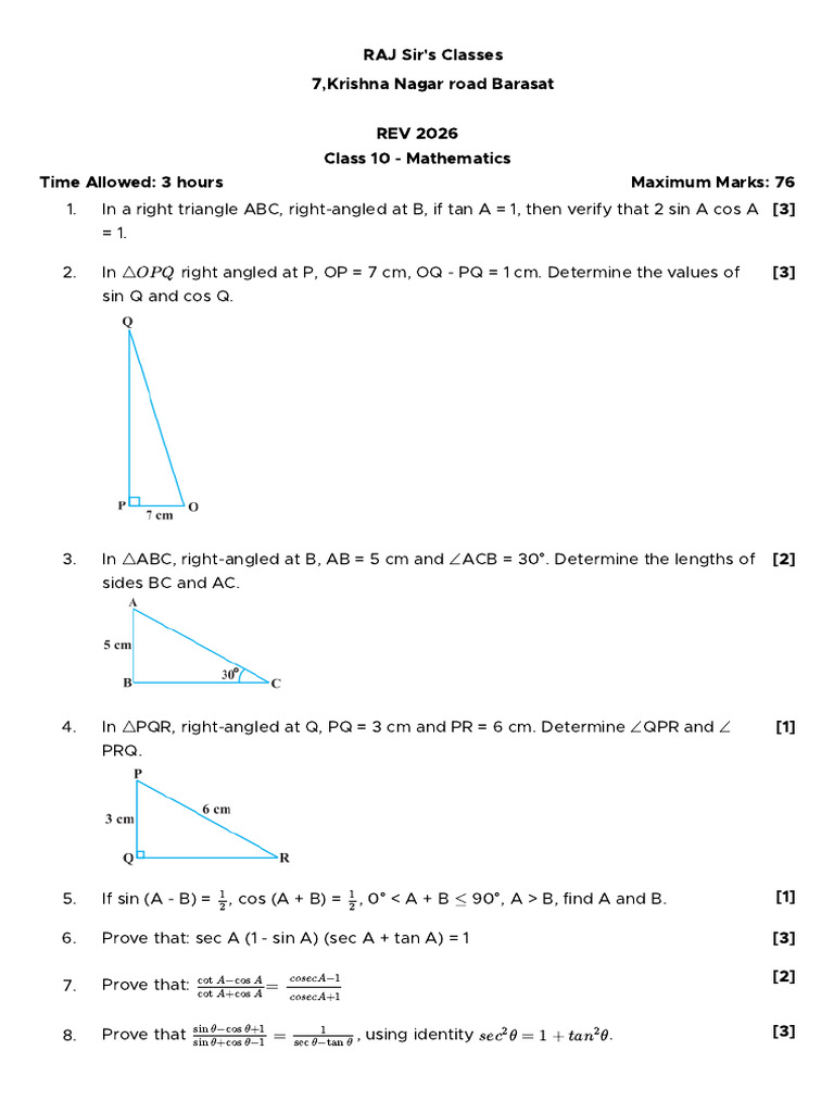 Class 10 Trigo2026 Ques | PDF | Angle | Trigonometric Functions