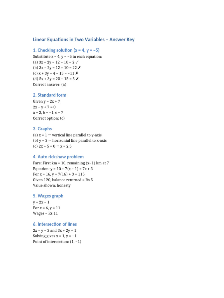 Linear Equations Answer Key | PDF