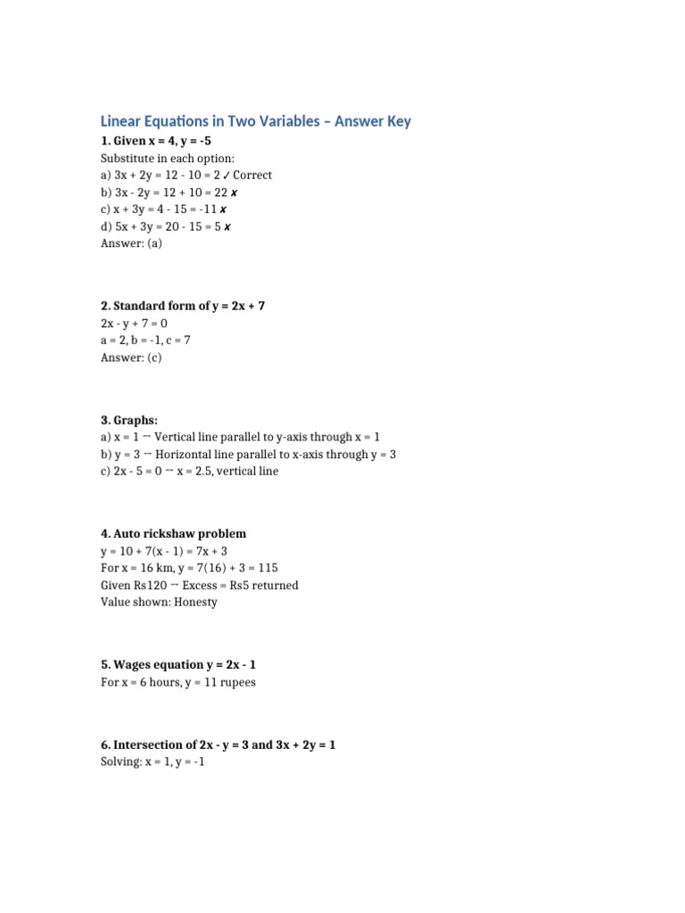 Linear Equations Complete Answer Key | PDF