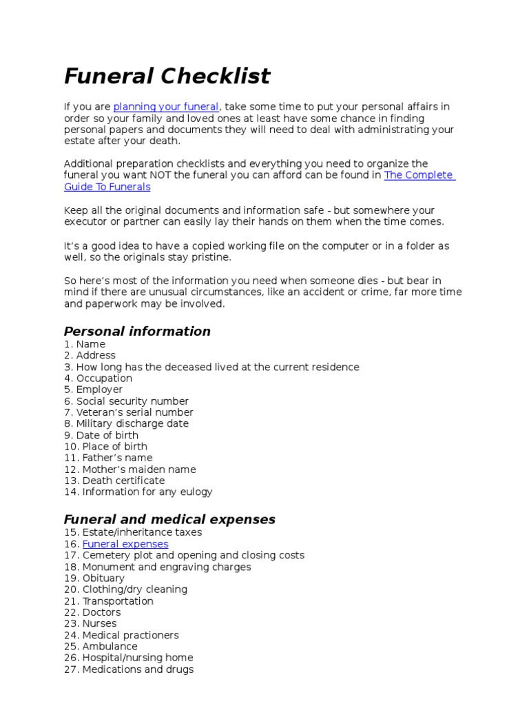 Funeral Checklist PDF Funeral Cemetery