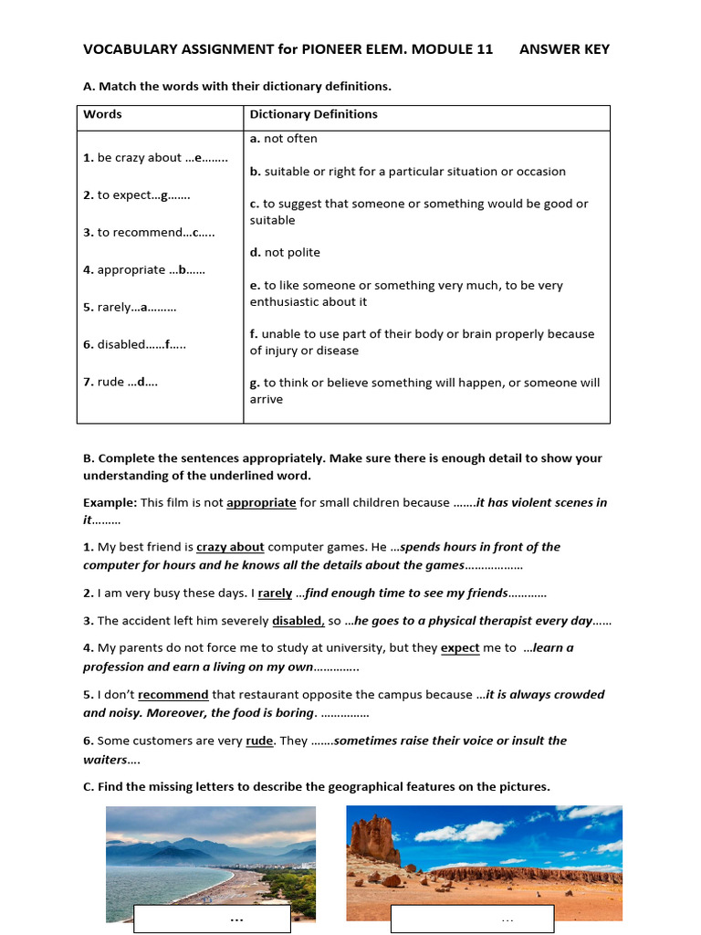 A1-Vocabulary Elementary Module 11 - Answer Key | PDF