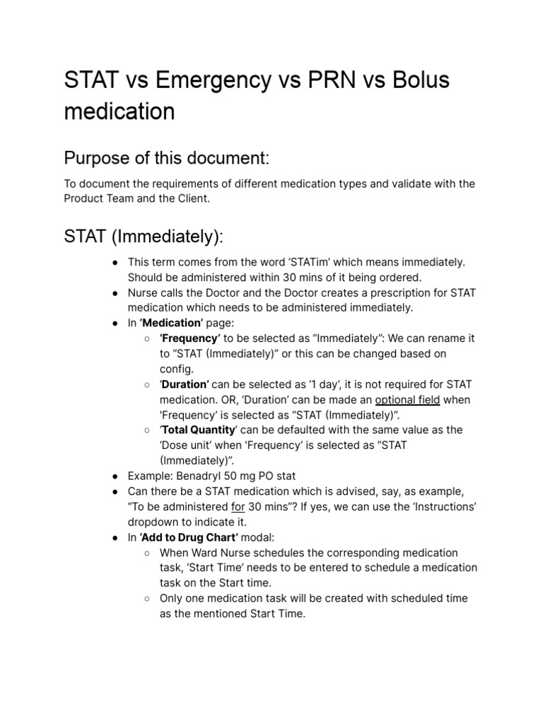 STAT Vs Emergency Vs PRN Vs Bolus Medication | PDF | Medical ...