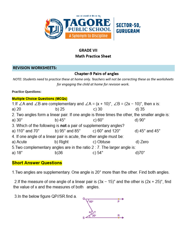 Grade VII Math Practice Sheet (Ch-9, Pairs of Angles and Ch-10 ...
