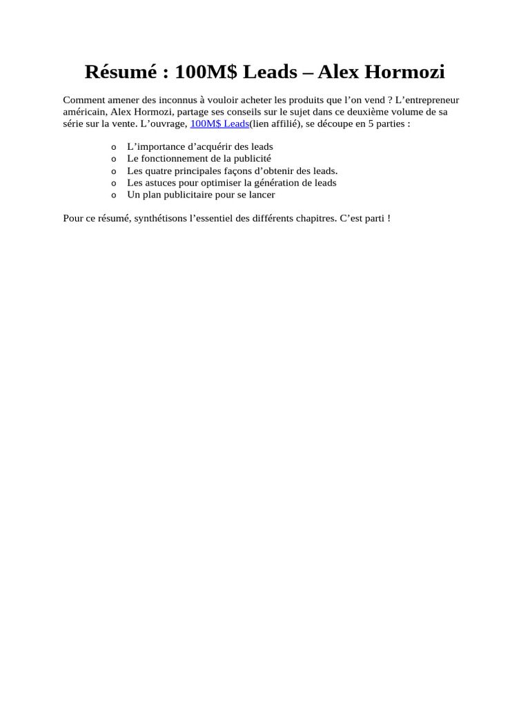 Résumé - 100M$ Leads - Alex Hormozi | PDF | Publicité