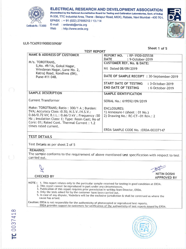 Erda Type Test Report Resin Cast Measuring Special CT | PDF