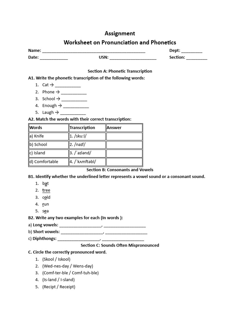 Worksheet On Pronunciation and Phonetics | PDF | Vowel | Stress ...