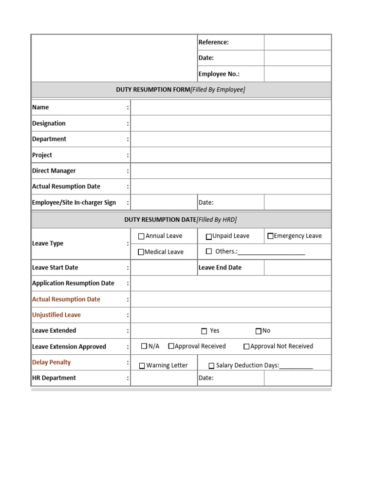 FORM - A03 - Employee Duty Resumption Form | PDF