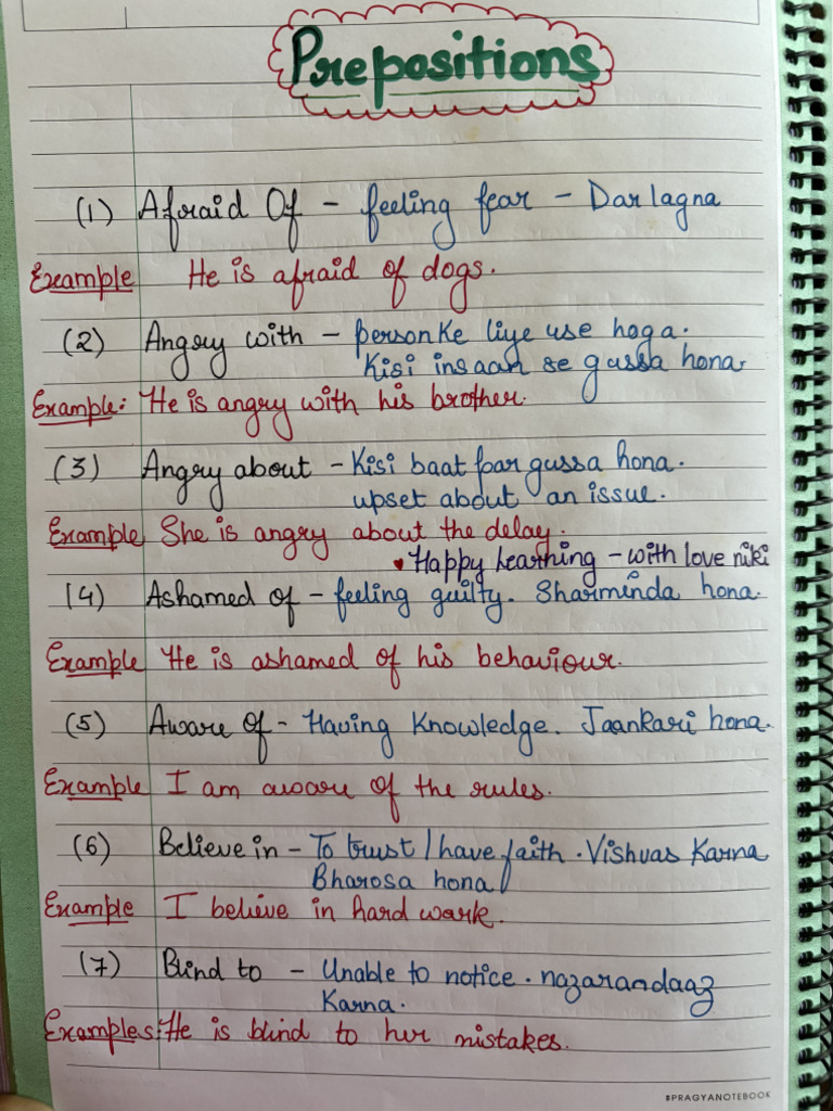Prepositions Handwritten Notes - Nikita | PDF