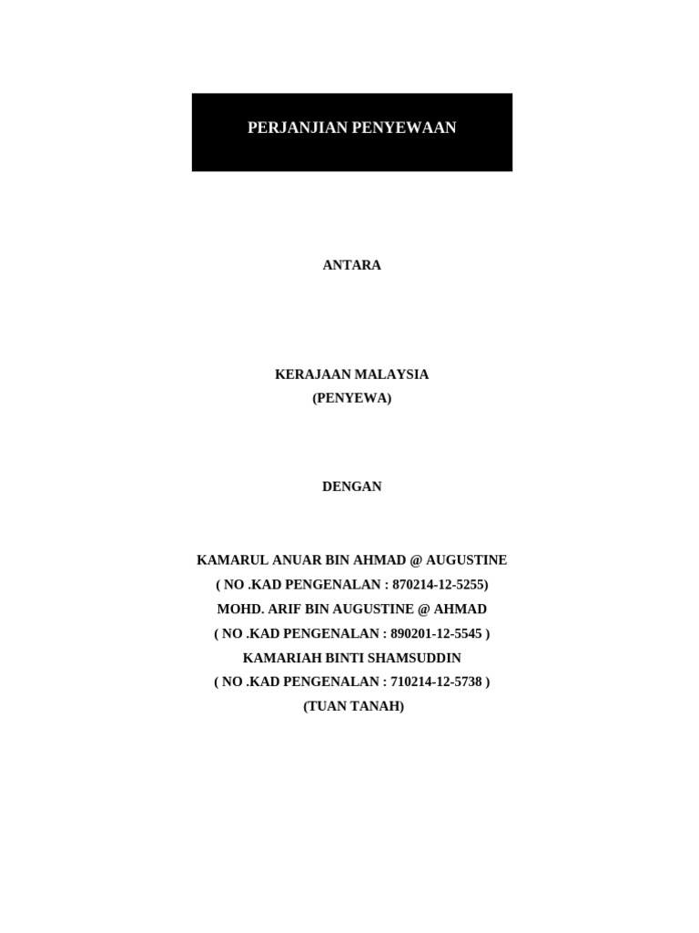 Deraf Kontrak Perjanjian Penyewaan Pej - Perangkaan Kota Marudu 2025 | PDF